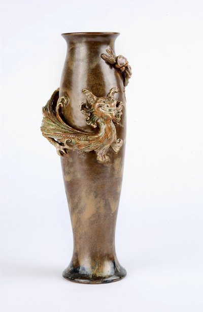 Green and Brown glazed vase with a moulded dragon relief, Doulton and Co., Lambeth by Mark V. Marshall
